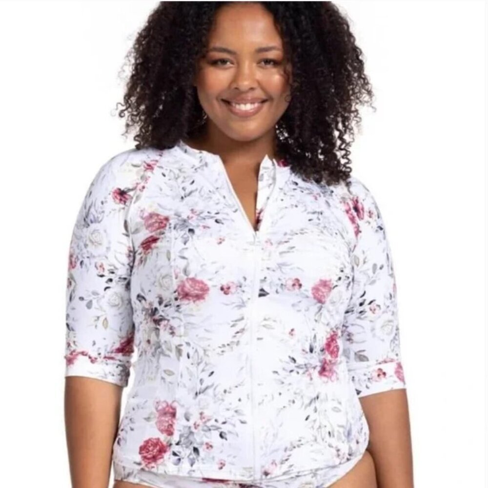 NWT Artesands Clementine Sunsafe Zip Up Rash Guard White Floral Swim Top Sz 12
